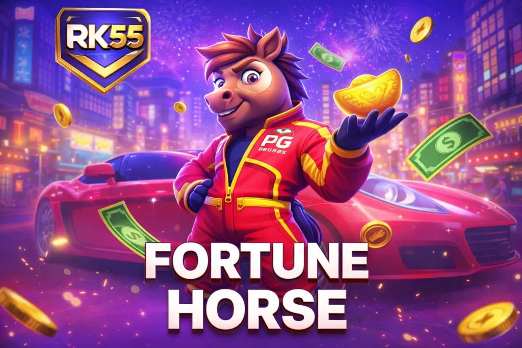Tampilan FORTUNE HORSE di RK55 dengan simbol kuda, latar merah emas, dan nuansa klasik Asia yang dinamis
