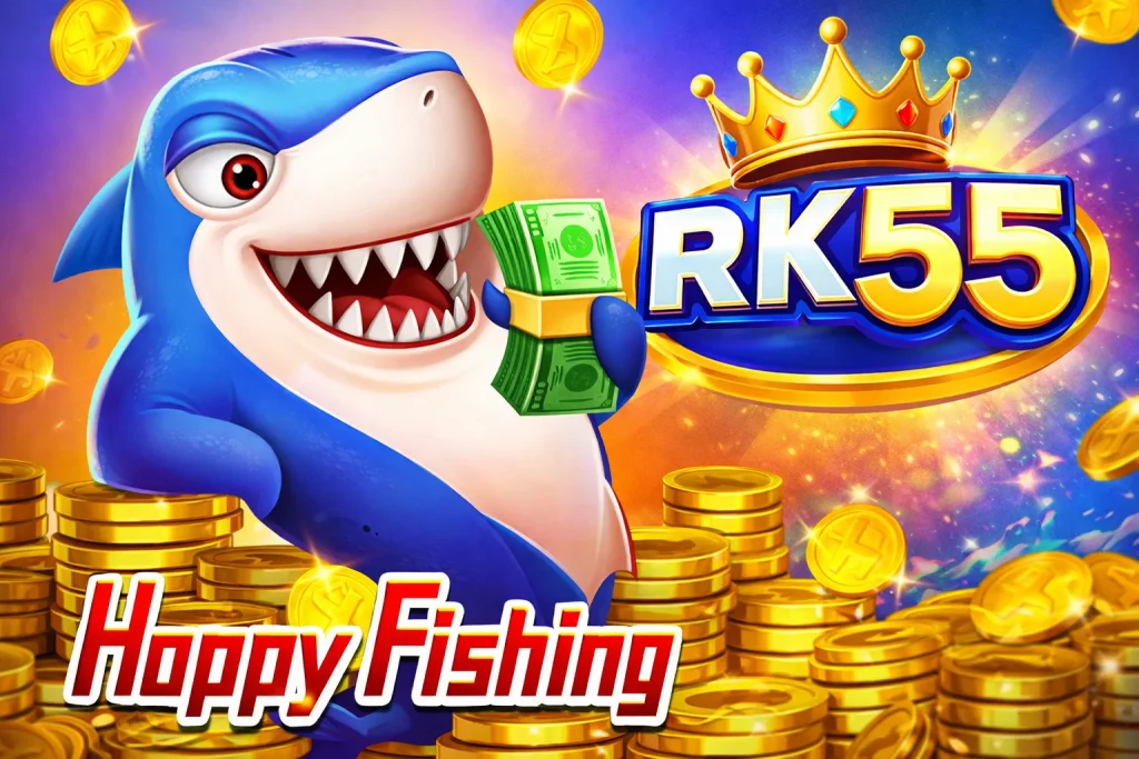 Visual interaktif permainan Happy Fishing dengan kualitas grafis tinggi yang diakses melalui platform RK55.