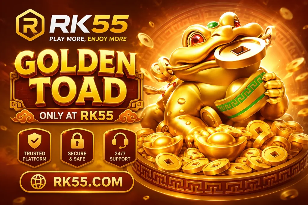 Tampilan antarmuka game Golden Toad dengan visual karakter kodok emas berkaki tiga yang diakses melalui platform RK55