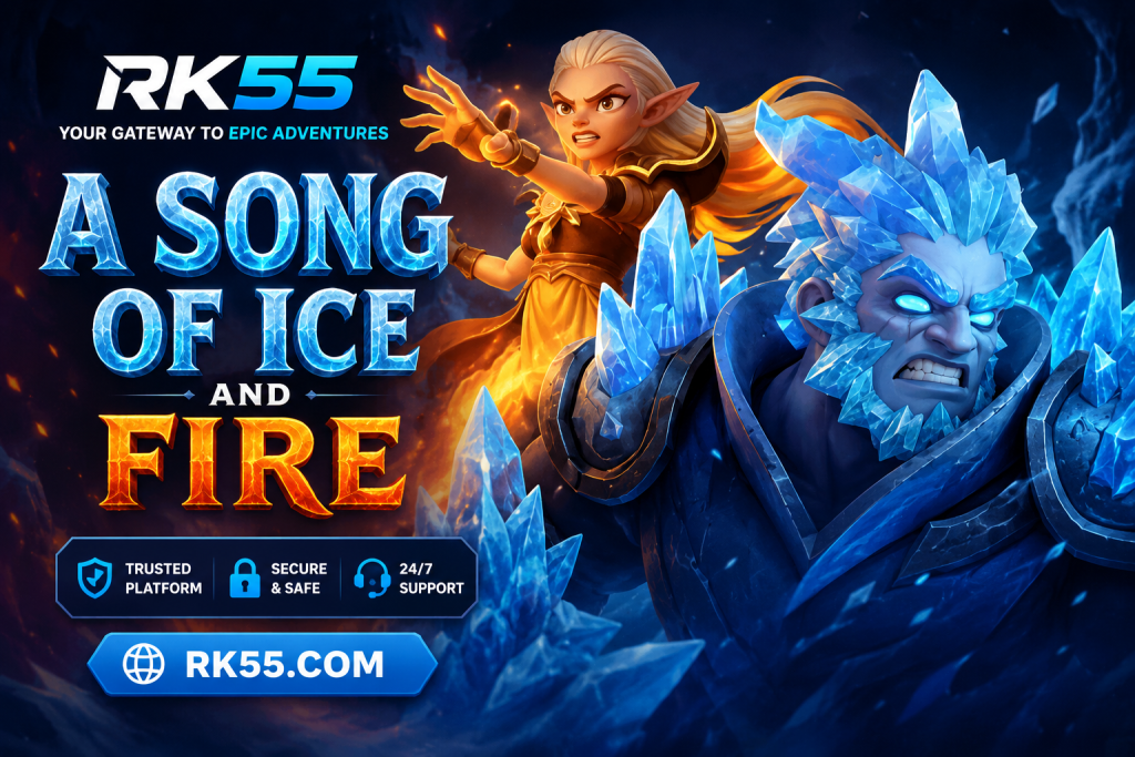 A SONG OF ICE AND FIRE di RK55 menampilkan kerajaan fantasi dengan pegunungan es, kobaran api, naga, dan kastel megah.